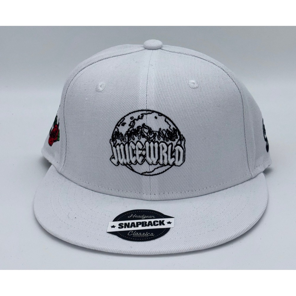 Juice Wrld 1998 Headgear Classics Snapback Hat White 999 Rose Globe Embroidered